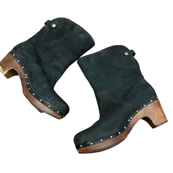 UGG Shearling Clog Boots Womens 9 Black Leather Wooden Heel Studded - - Picture 4 of 8